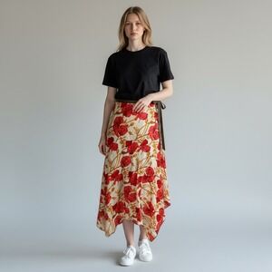 Vintage Notice Brown Red Floral Midi Skirt‎ Sz 6 Handkerchief Hem USA Dark Fairy